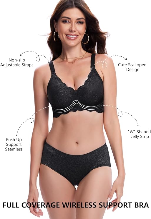 Black glitter wireless bra with scalloped cups and push-up seamless design
