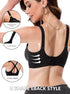 Black wireless bra with crossed back straps and stretchy supportive fit