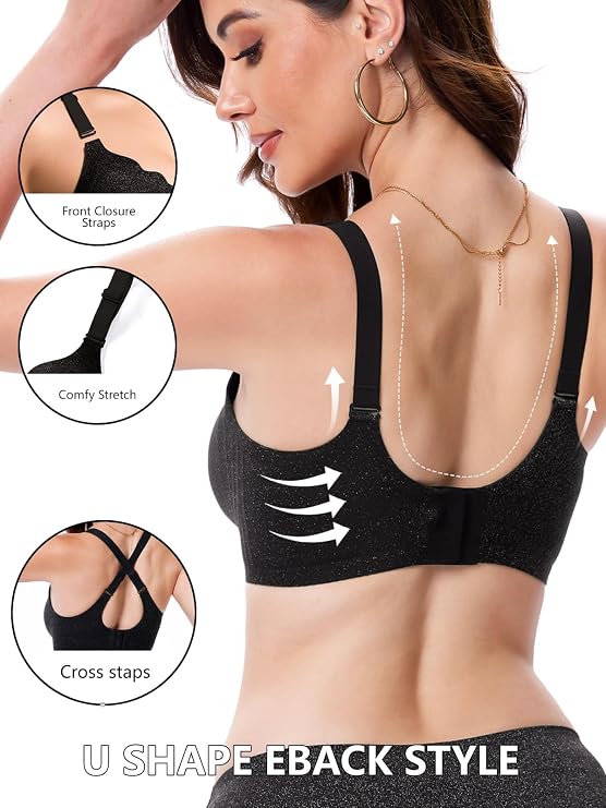 Black wireless bra with crossed back straps and stretchy supportive fit