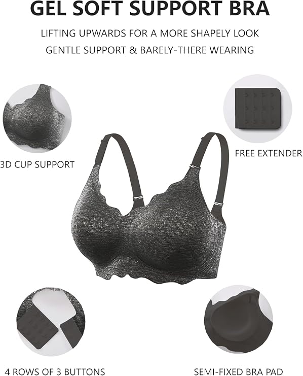 Black wireless bra with 3D cup support and button back closure