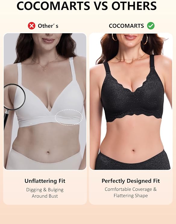 Black glitter scalloped wireless bra with flattering full coverage
