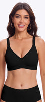 Black seamless V-neck bralette top with no underwire and smooth everyday fit