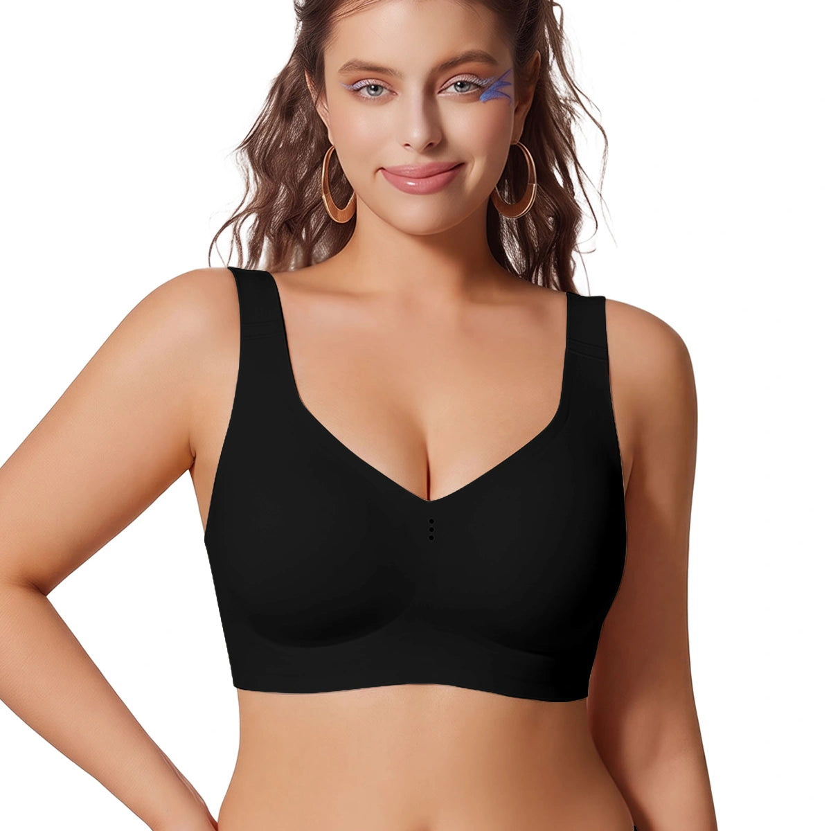 Black full-coverage t-shirt bralette, no underwire, front view