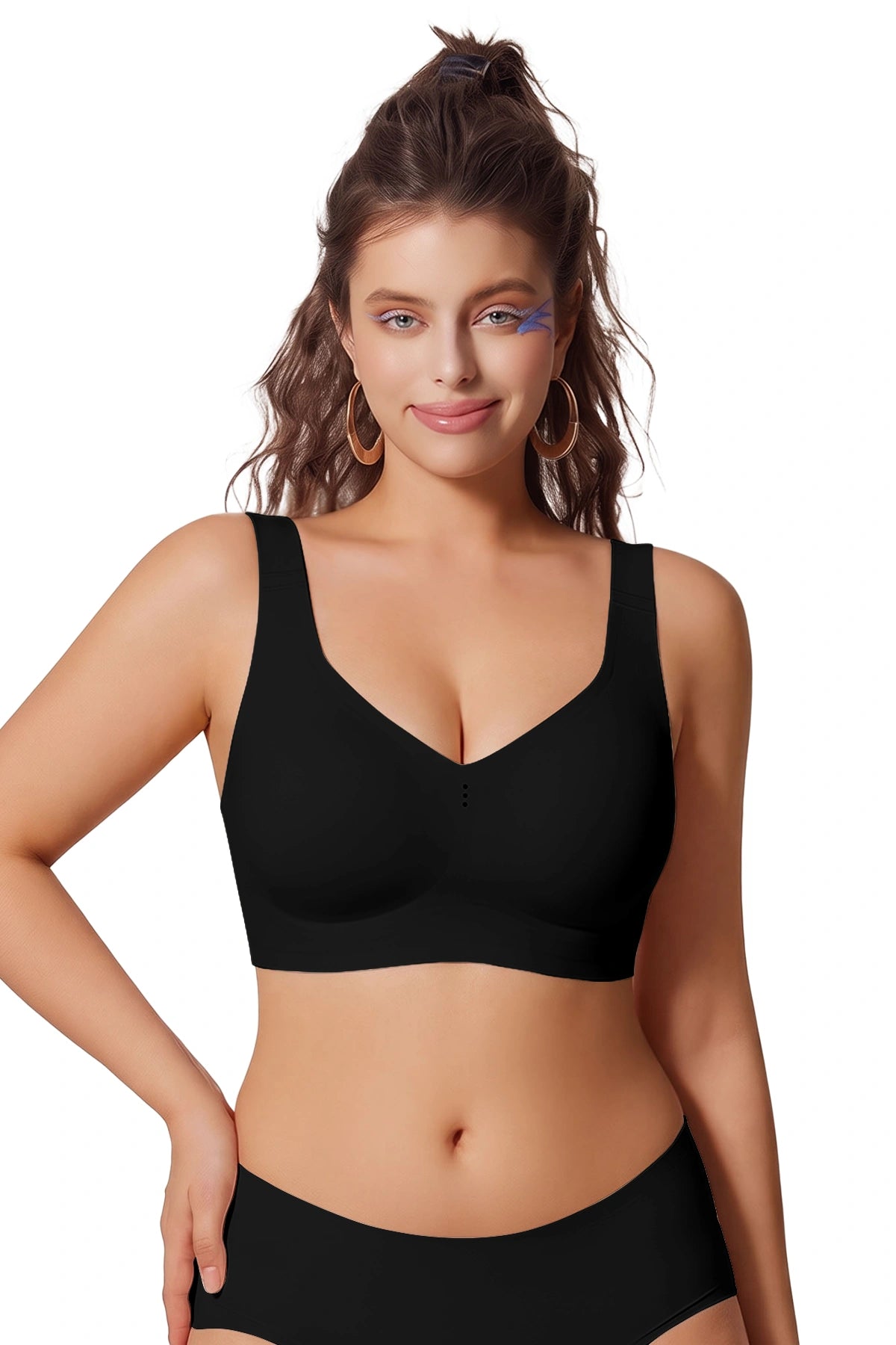 Black full-coverage t-shirt bralette, no underwire, front view