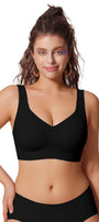 Black full-coverage t-shirt bralette, no underwire, front view