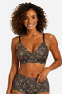 Black leopard print full-coverage bra with scalloped edges, no underwire, adjustable straps
