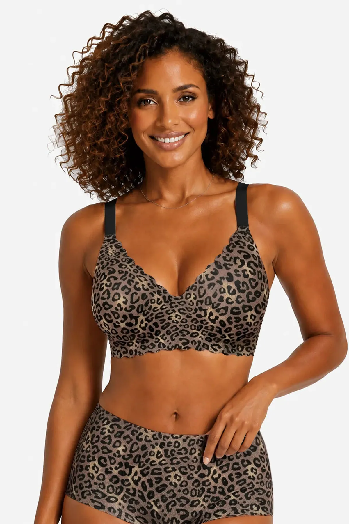 Black leopard print full-coverage bra with scalloped edges, no underwire, adjustable straps
