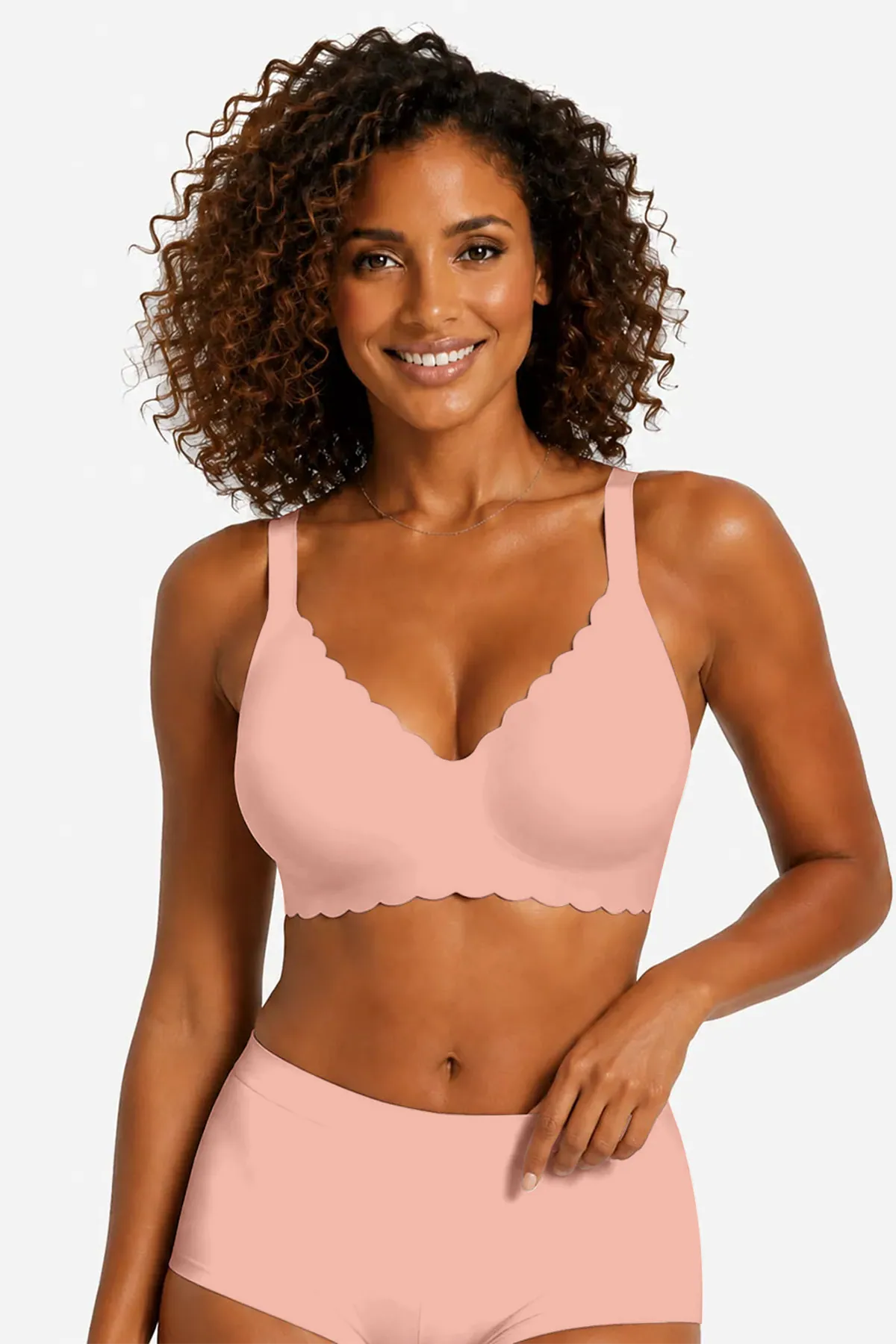 Tea red no-underwire full-coverage bra with scalloped trim