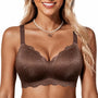 Wireless seamless push-up bra in dark coffee with scalloped cups, glittery knit.