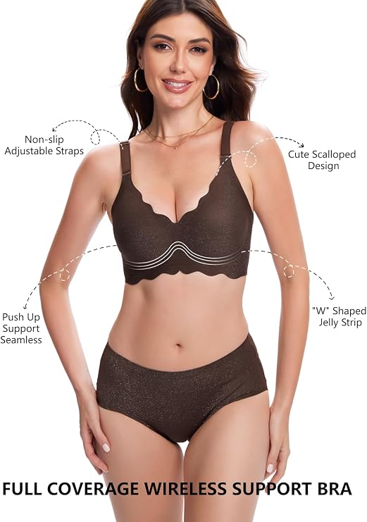Wireless push-up bra in dark coffee with scalloped cups, seamless jelly-strip design.