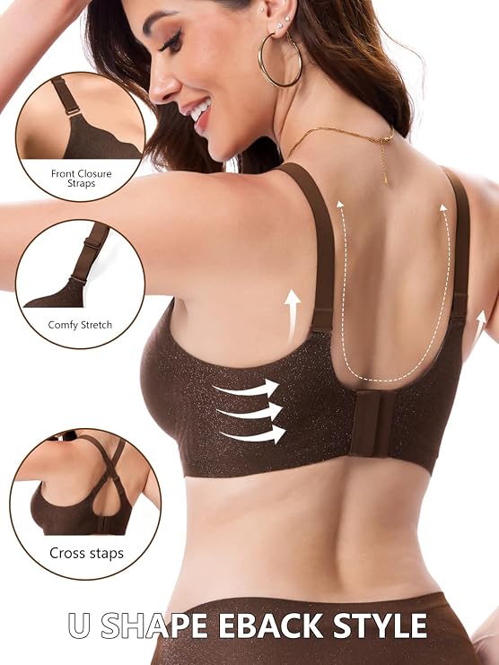 Seamless push-up bra in dark coffee with U-back cross straps and front closure.