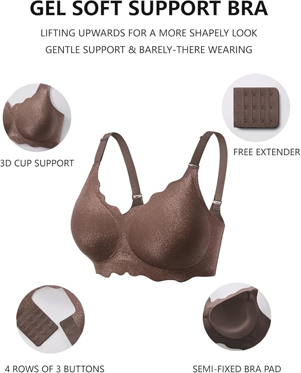 Coffee wireless support bra with scalloped cups and comfort padding, semi-fixed style.