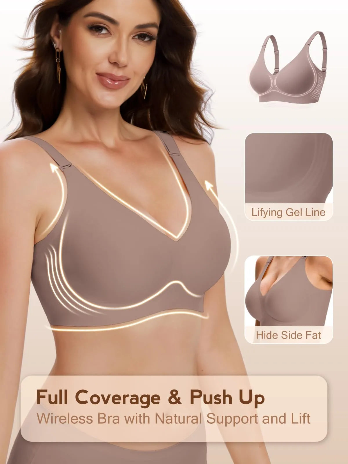 Grey wireless push-up bra with gel line detailing and hidden side shaping panels