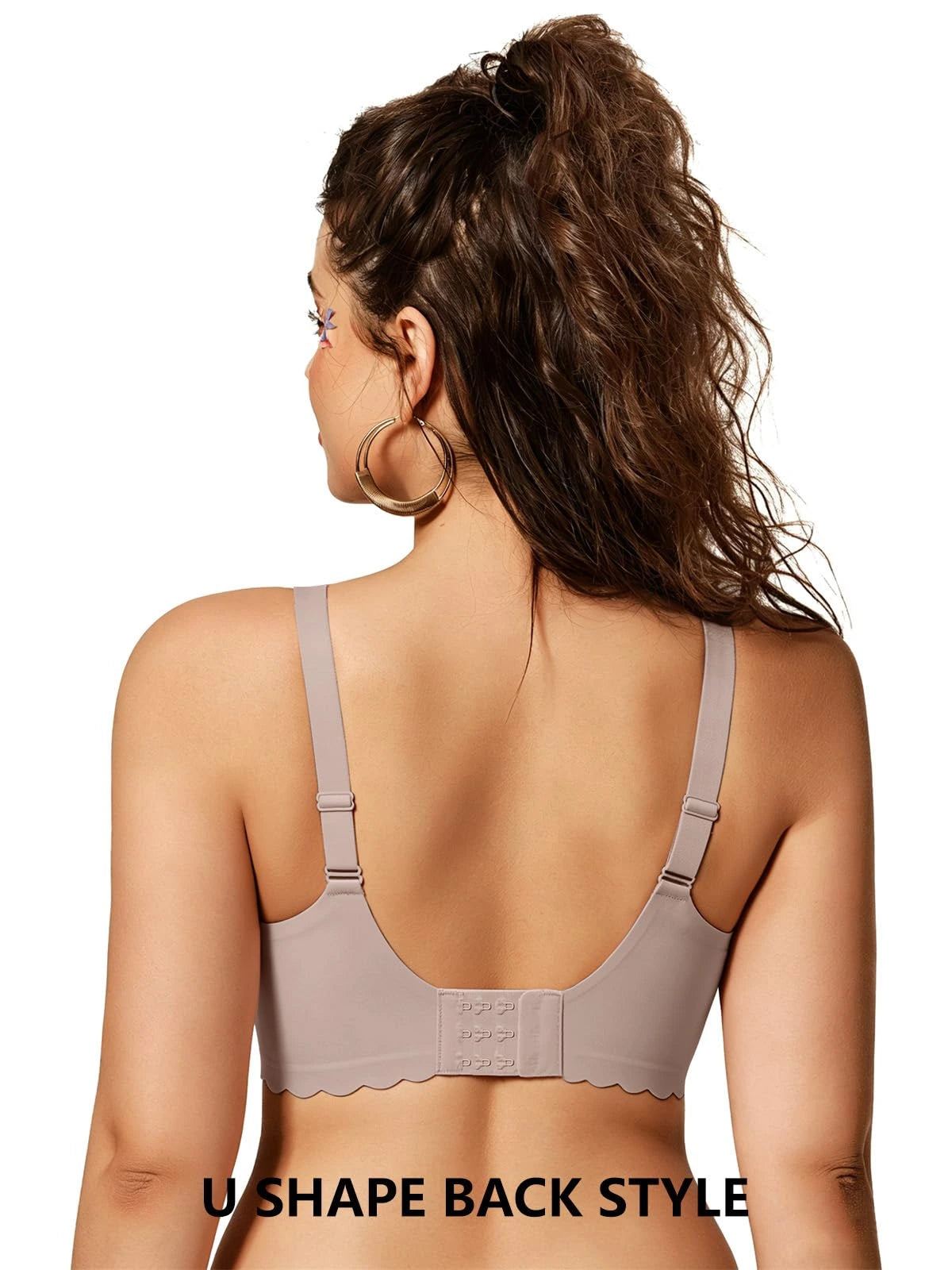 Grey wireless full-coverage bra with U-shape back and adjustable straps, back view