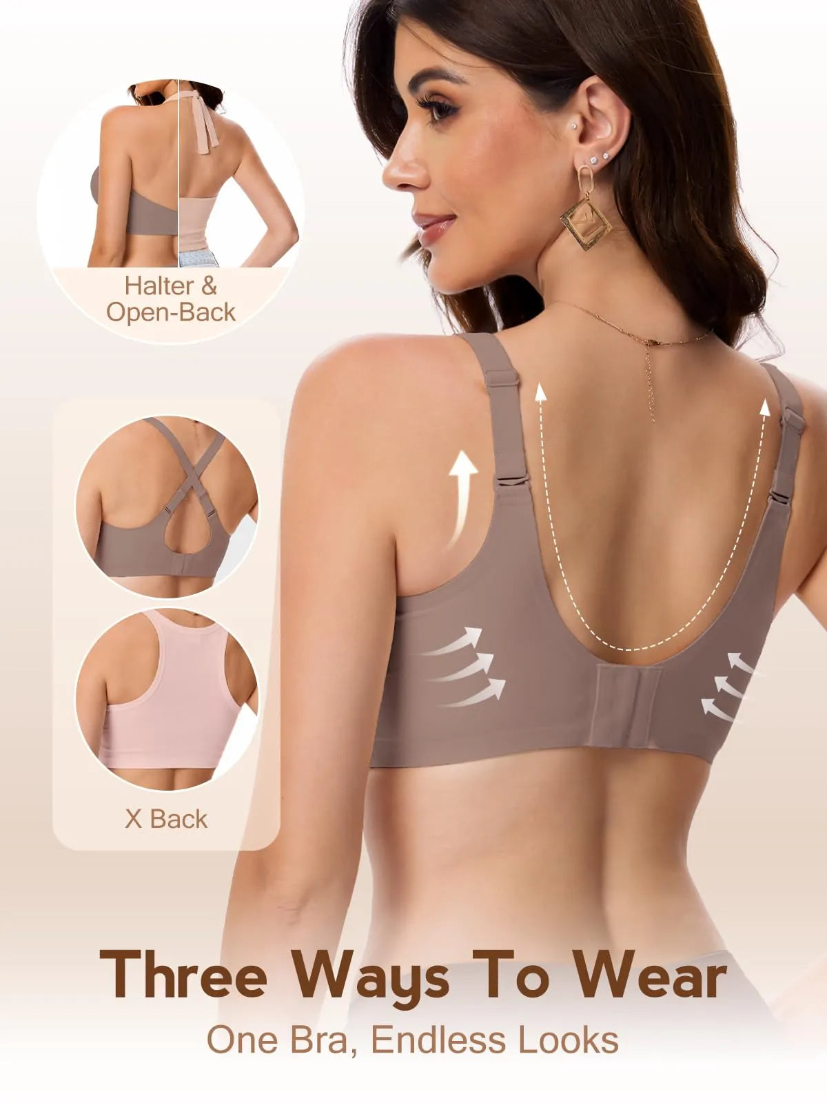 Grey seamless open-back halter bra with X-back straps and adjustable neck loops