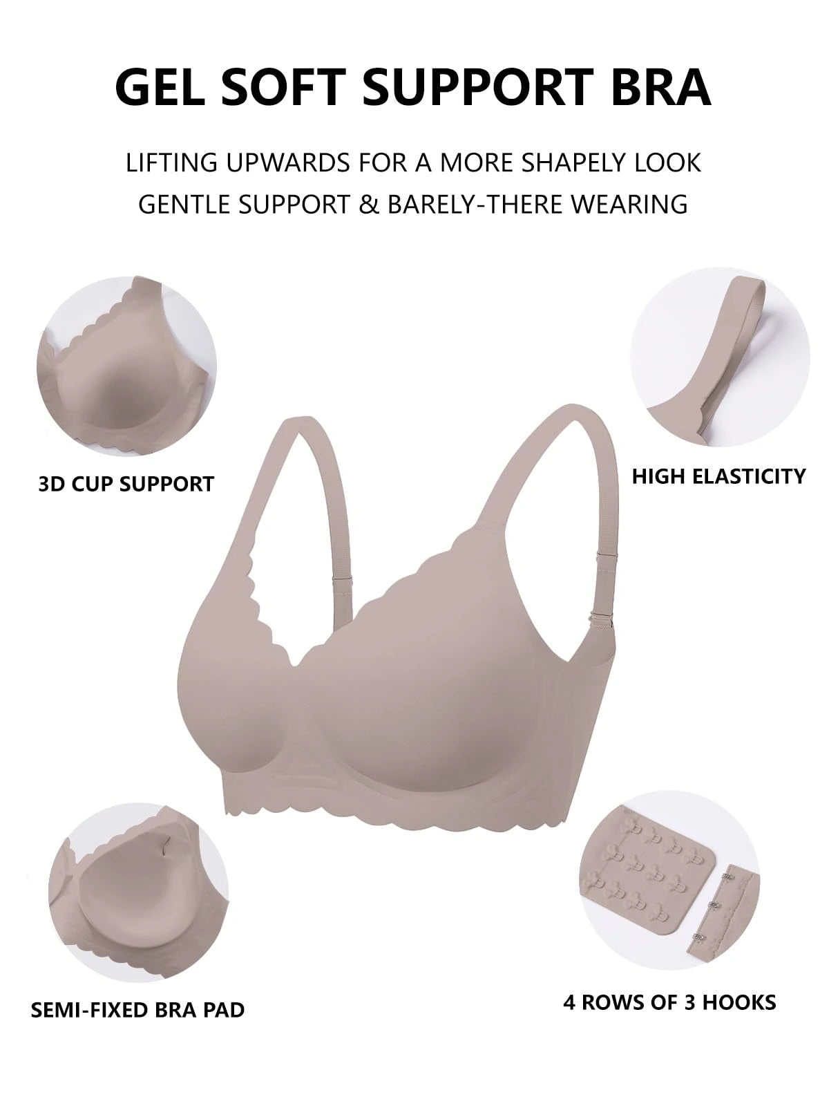 Grey gel-soft support bra diagram with scalloped cups and straps