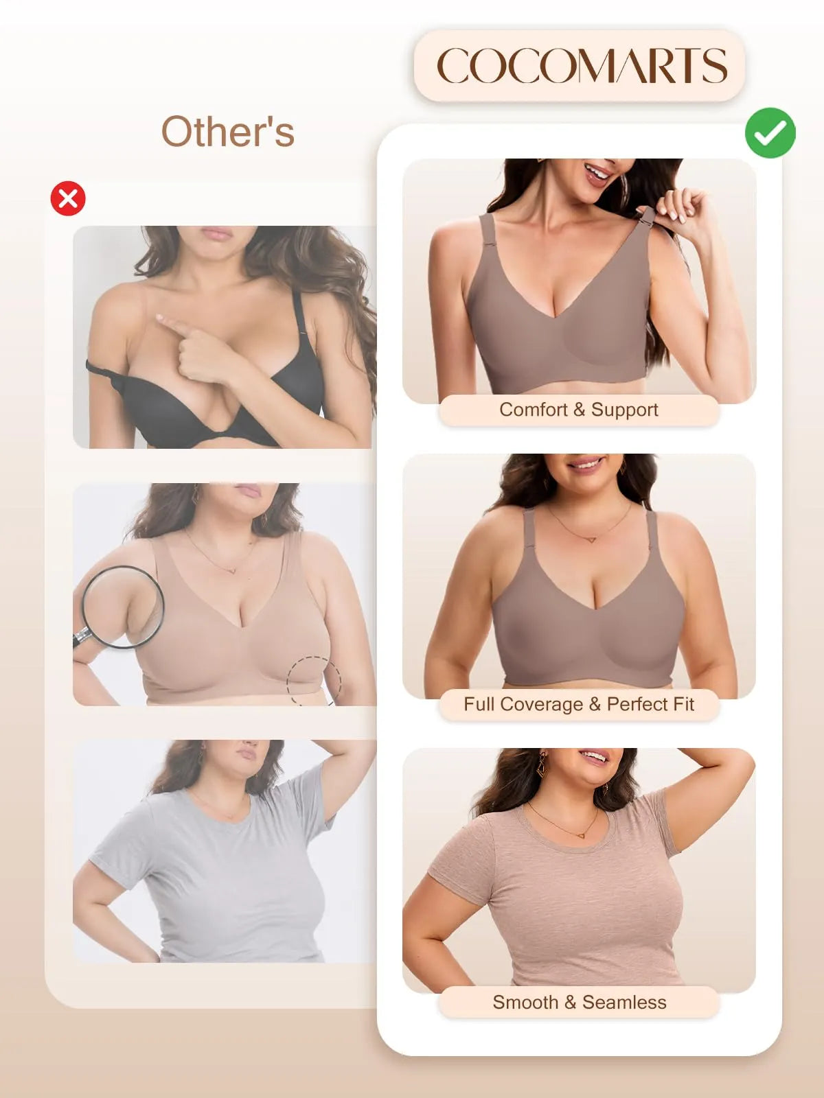 Grey seamless wireless bra panels showing comfort support, smooth seams, and full coverage