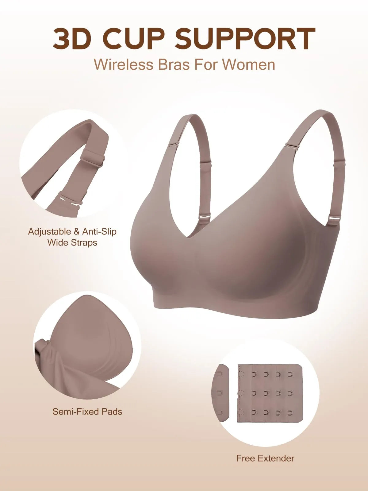 Grey seamless wireless 3D cup bra with adjustable straps and wide back extender