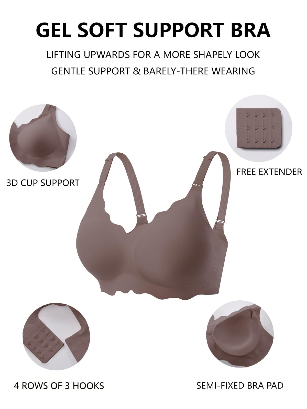 COCOMARTS Jelly Bras for Women No Underwire Scalloped Push Up Wireless Bralettes Seamless Soft Comfort Everyday Tshirt Bra Grey