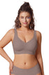Grey no-underwire full-coverage t-shirt bralette with smooth cups and wide band