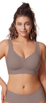 Grey no-underwire full-coverage t-shirt bralette with smooth cups and wide band