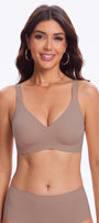 Grey seamless V-neck bralette, no underwire, smooth everyday fit