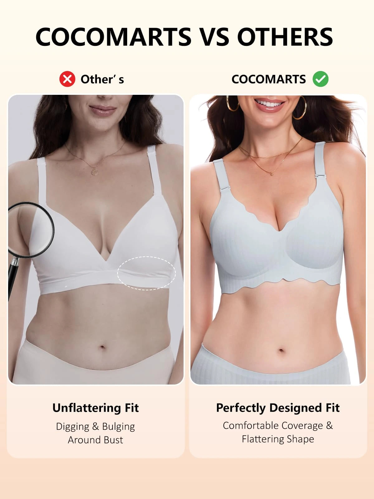 Comparison graphic featuring haze blue seamless push-up bra with flattering fit