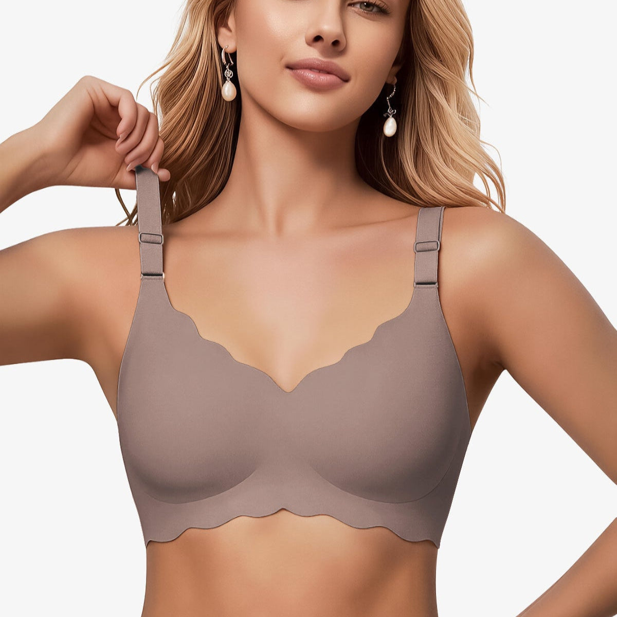 Grey seamless push-up bra with scalloped underbust edge and adjustable straps