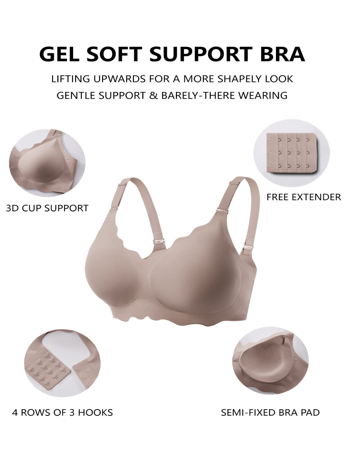 Grey seamless push-up bra with scalloped cups and adjustable straps