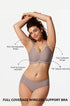 Grey wireless push-up bra with scalloped design, V-shaped center and no underwire