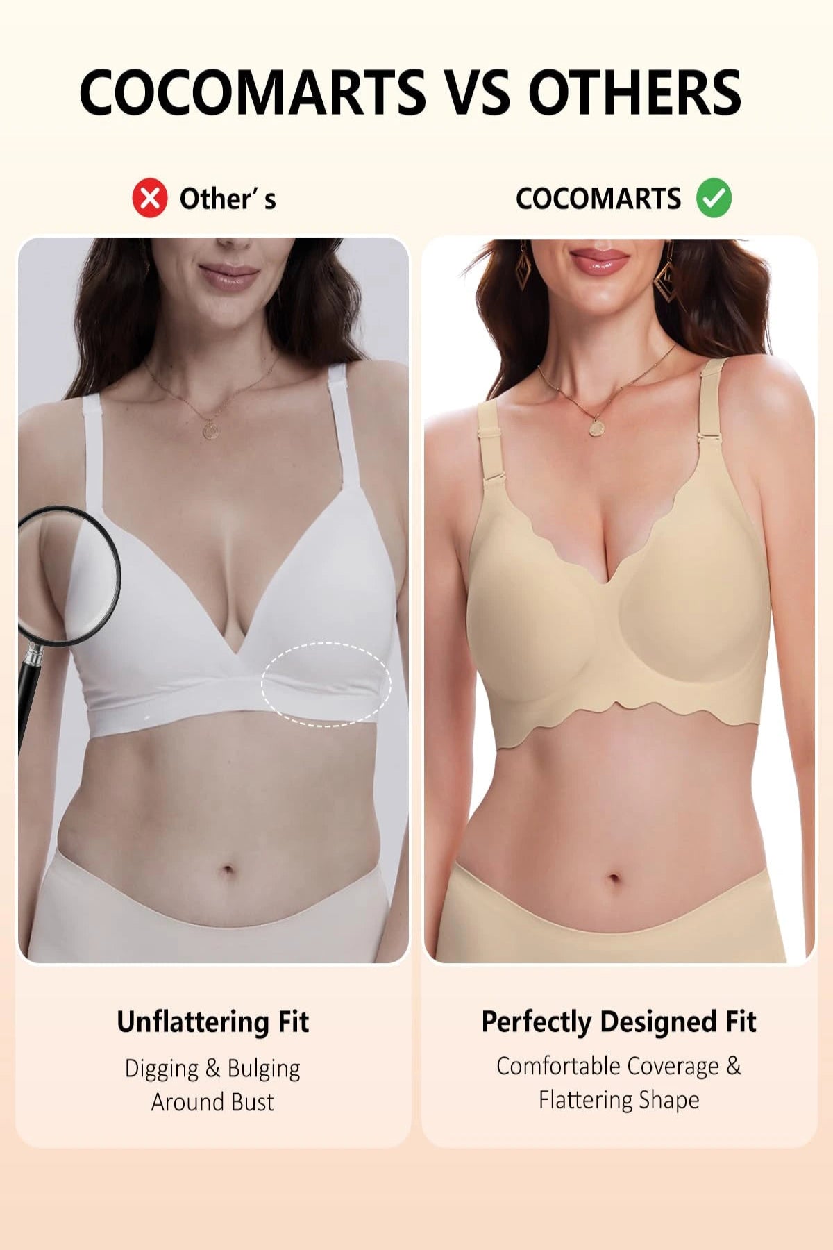 Semolina beige wireless bra with scalloped cups, shown in comparison layout