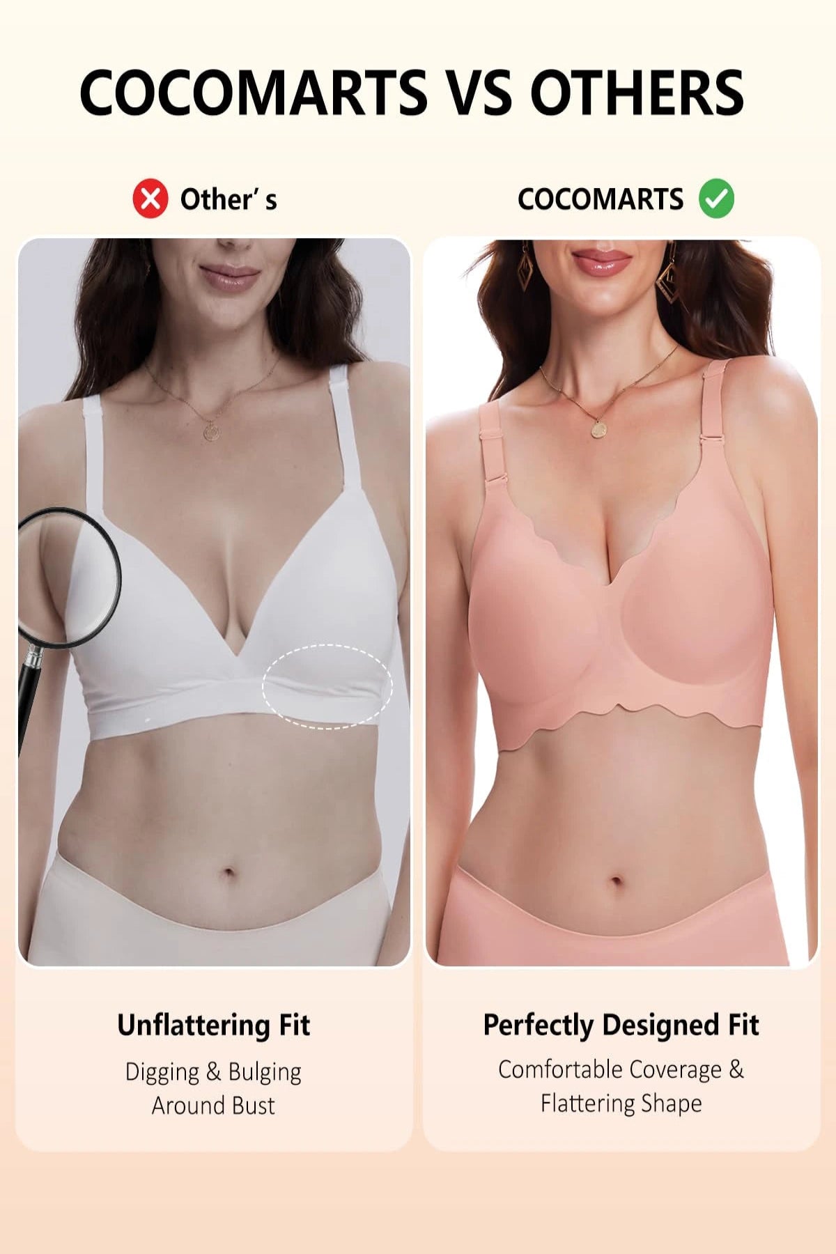 Tea red scalloped wireless push-up bra, smooth plunge cups and wide straps