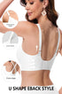 White U-shaped wireless support bra with front closure straps and cross-stap styling