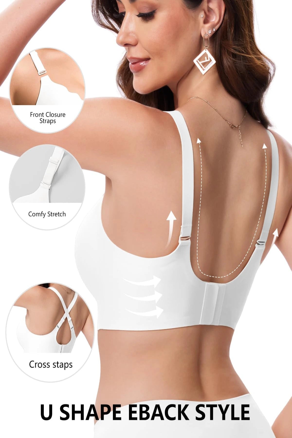 White U-shaped wireless support bra with front closure straps and cross-stap styling