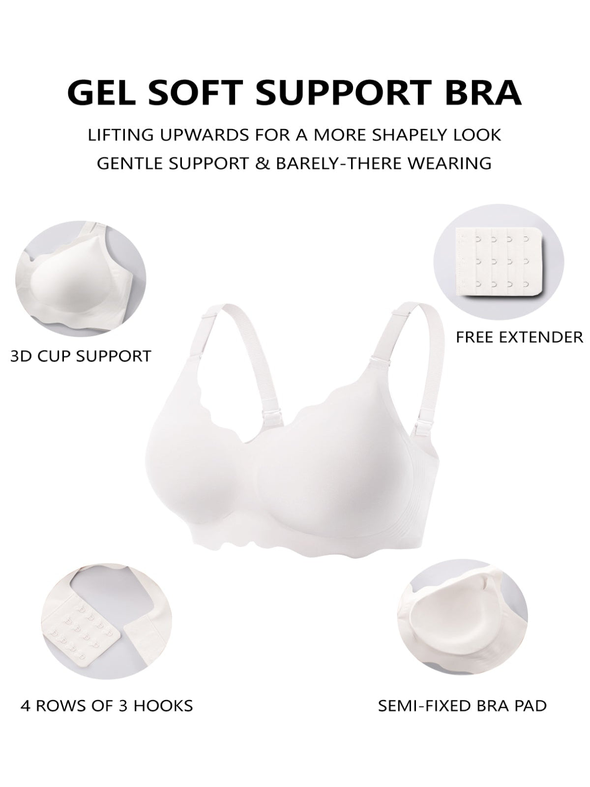 White wireless push-up bra with 3D cup support and hook-and-extender back details