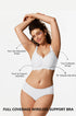White scalloped wireless support bra, non-slip adjustable straps and push-up seams