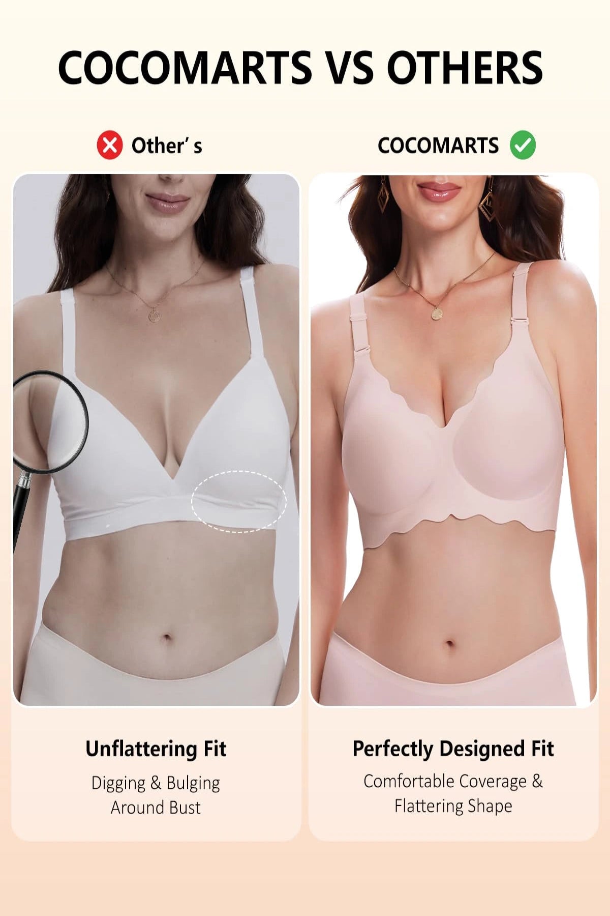 Pink seamless wireless bra front view with scalloped cup edges