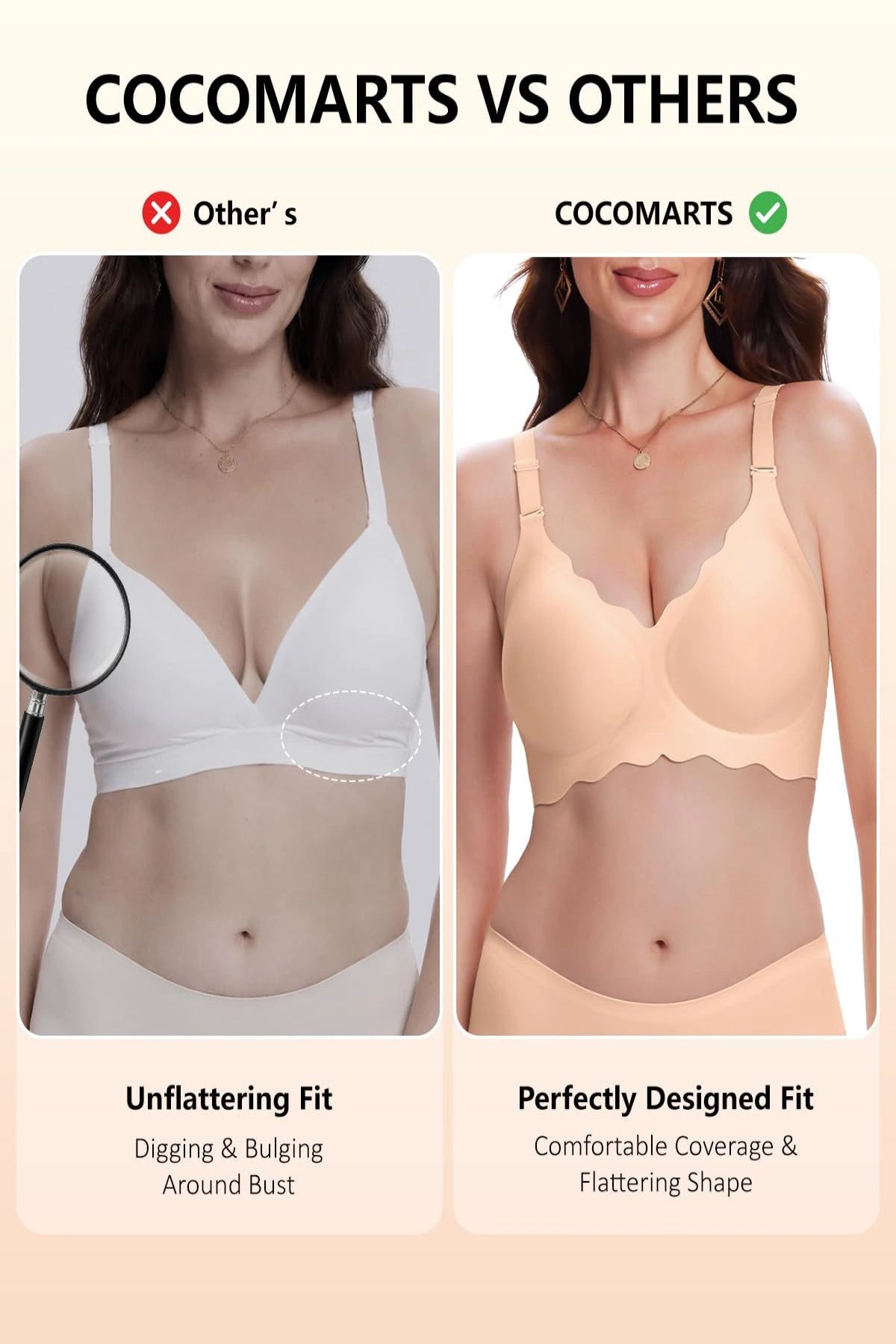 Light nude scalloped seamless push-up bra, no underwire, smooth jelly cups