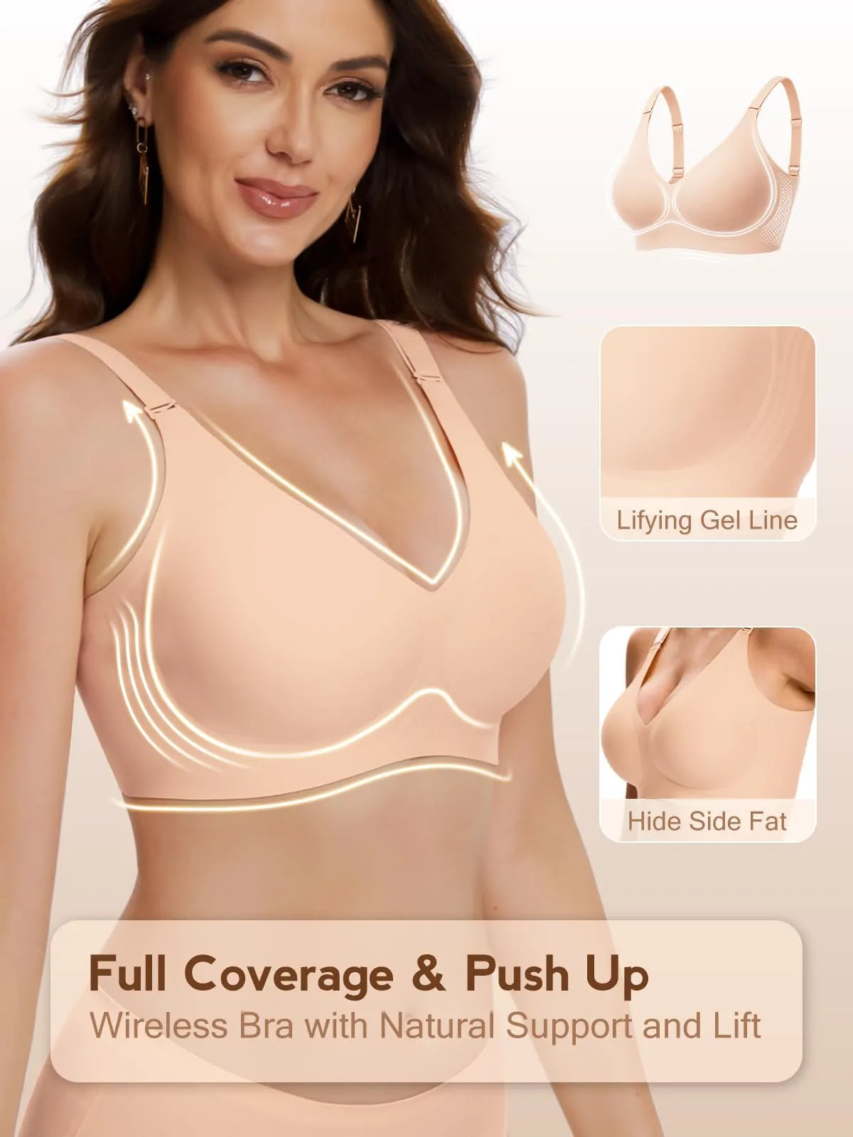 Nude seamless wireless plunge bra with thin adjustable straps and smooth finish