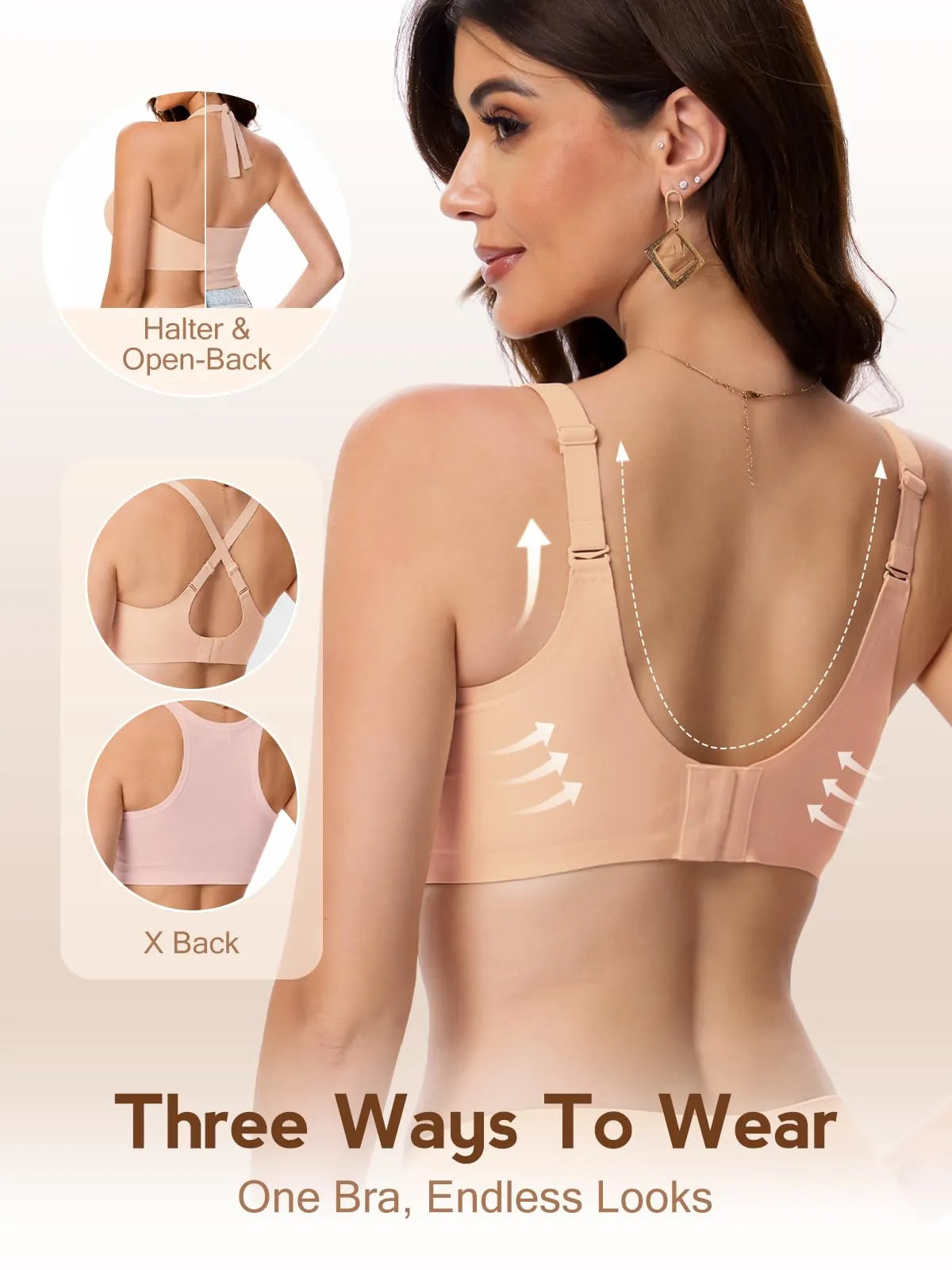 Nude open-back seamless bra with adjustable straps and supportive fit
