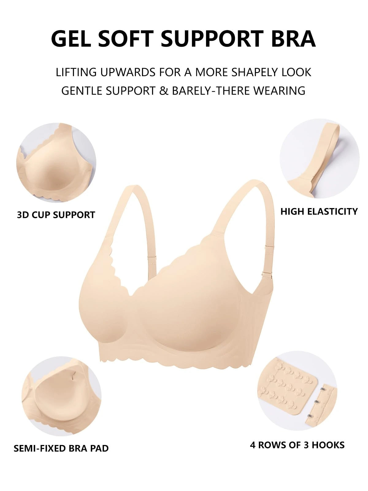 Nude scalloped bra support diagram showing 3-cup shape and hooks