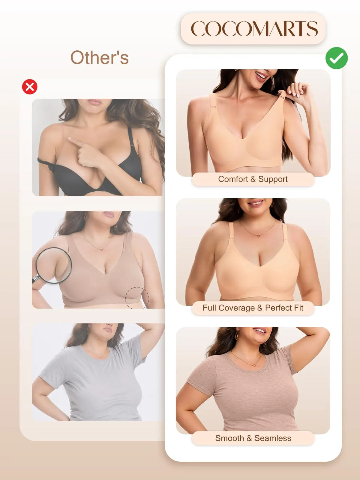 Nude seamless wireless bra with full coverage and smooth, comfortable feel