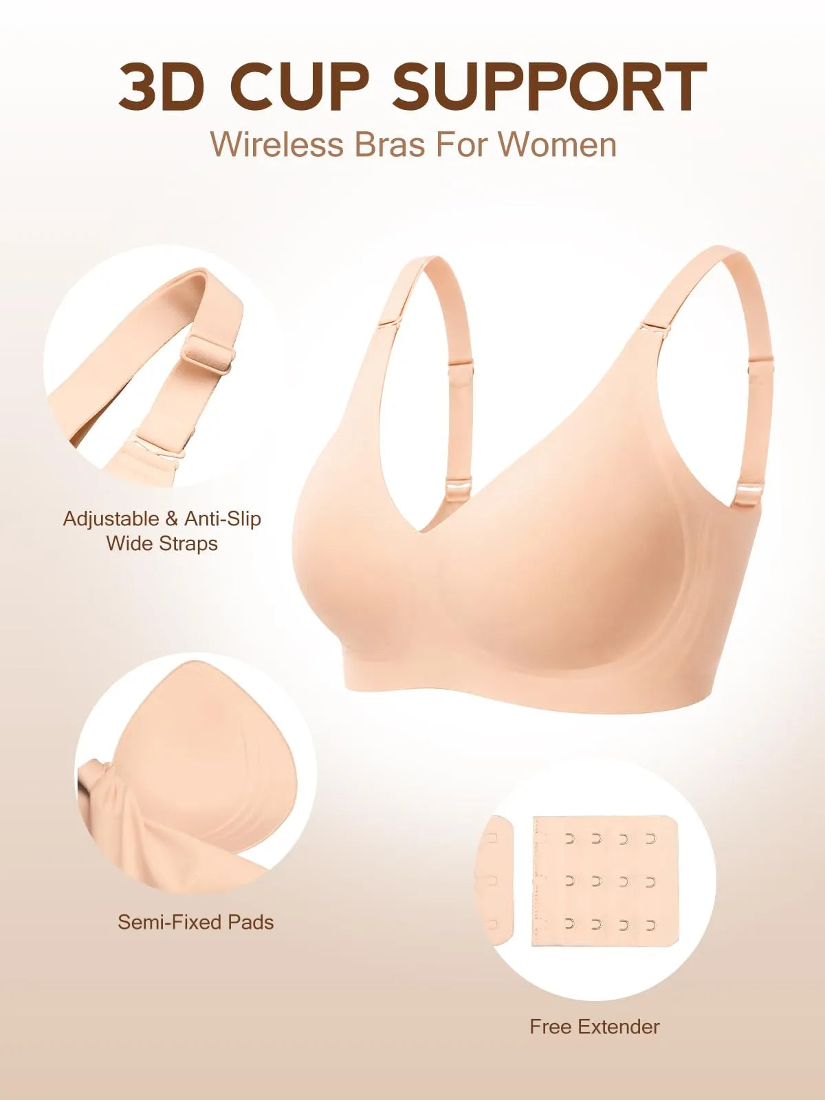 Nude wireless bra with 3D-style cup shape and adjustable wide straps