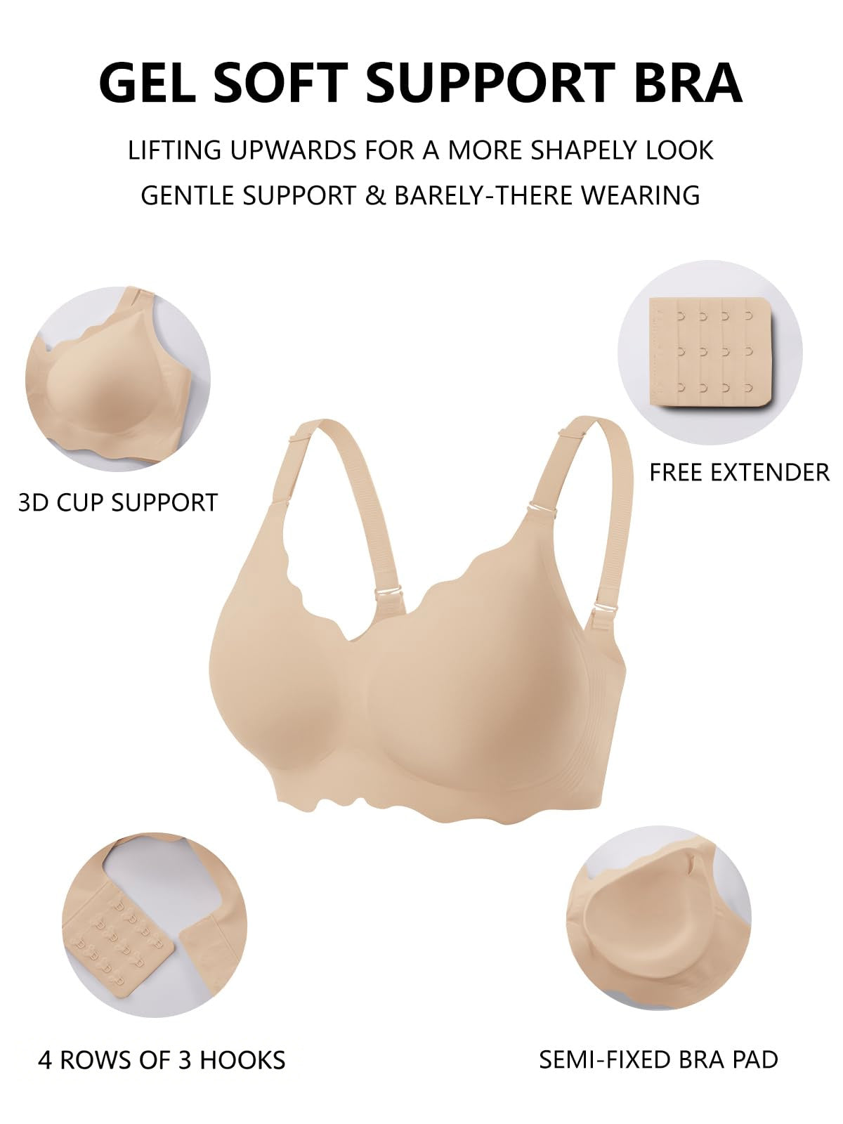 COCOMARTS Jelly Bras for Women No Underwire Scalloped Push Up Wireless Bralettes Seamless Soft Comfort Everyday Tshirt Bra Nude