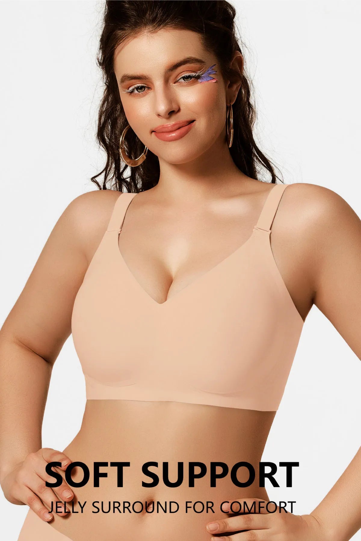 Nude seamless plunge bra with wide straps, smooth underwire-free fit