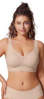 Nude seamless t-shirt bralette with wide straps and full-coverage cups, no underwire