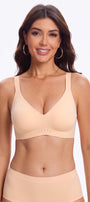 Seamless nude V-neck bralette with smooth cups and wide straps