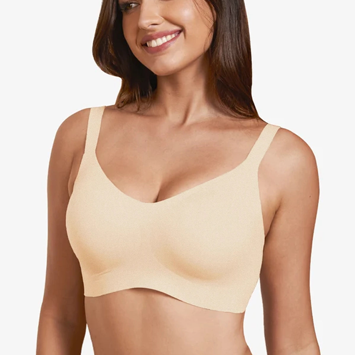 Nude wireless full-coverage t-shirt bra with wide straps, smooth seamless cups