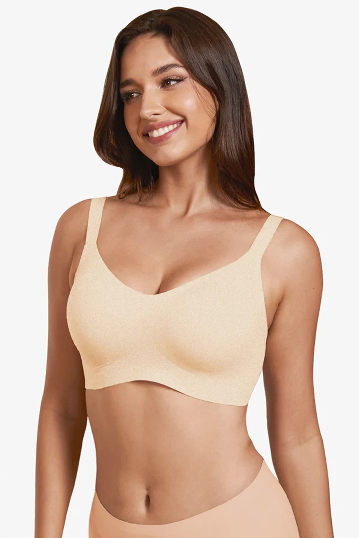 Nude wireless full-coverage t-shirt bra with wide straps, smooth seamless cups