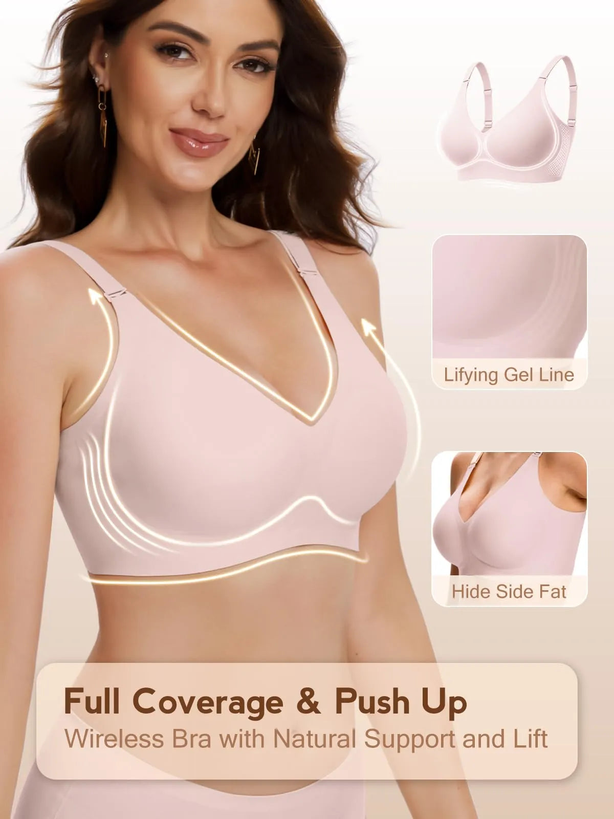 Pink wireless push-up bra with V neckline and contour gel-line paneling